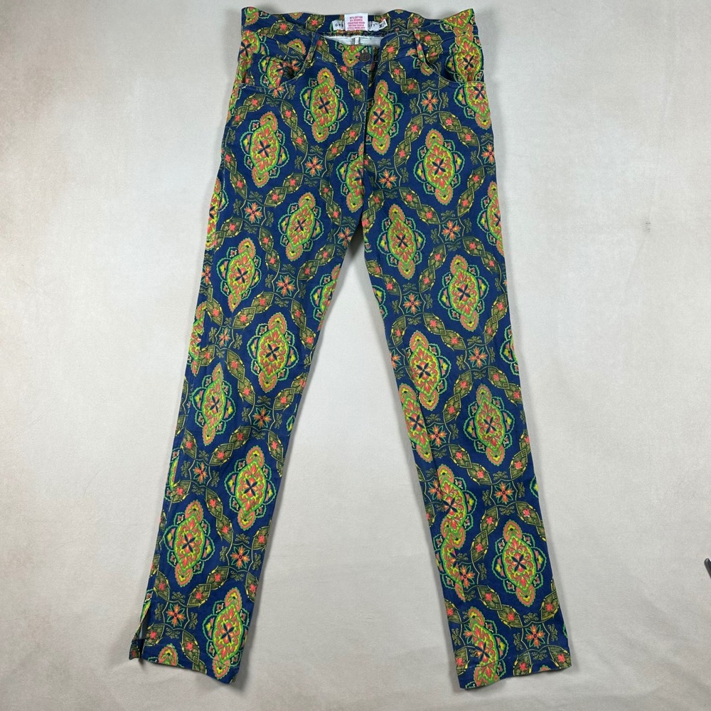 Gretchen Scott Womens M Printed 5 Pocket Pants Stretch Navy Green Preppy
